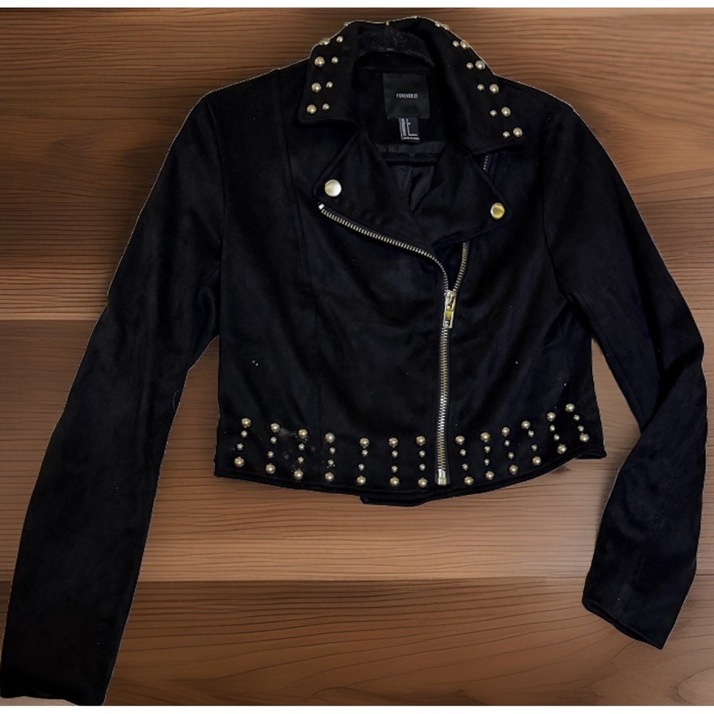 Forever 21 Black Moto Jacket Womens S Cropped Faux Suede Full Zip - Picture 4 of 9